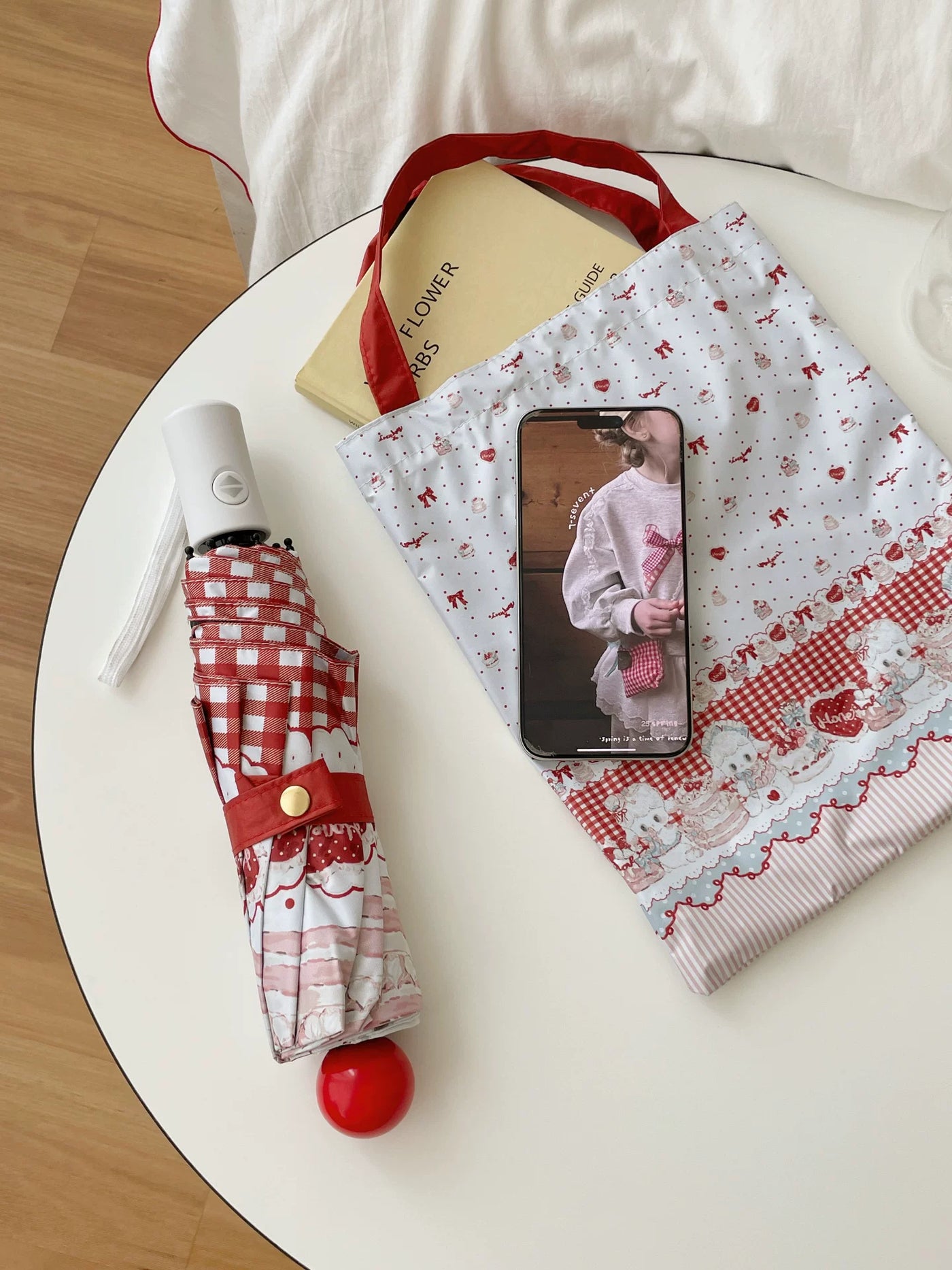 Independent Brand - Little Sheep - Printed Lolita Parasol with Red Plaid Border