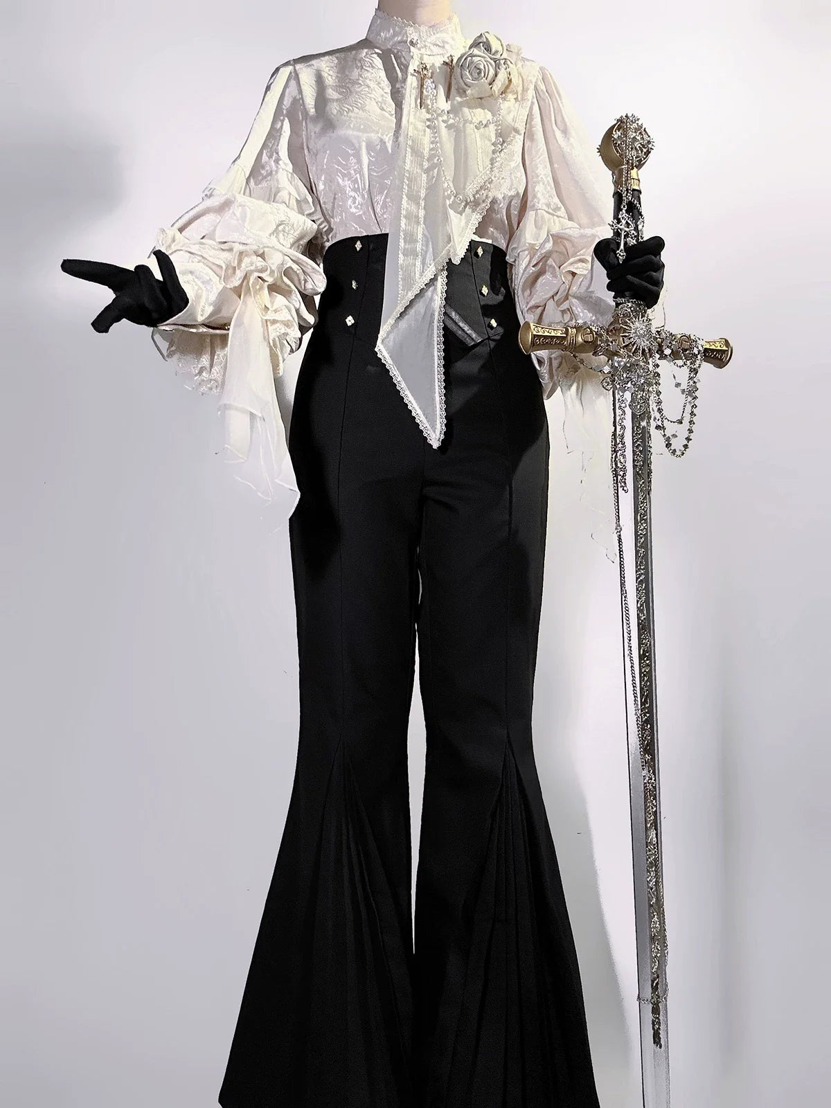 Letters from Unknown Star - Rose and Sword - Ouji Lolita Jacquard Blouse & High Waist Pants Suit