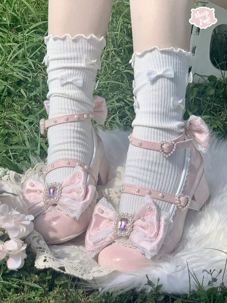 Sheep Puff Lace Romance mid heel Lolita shoes with intricate lace detailing and a cute sheep puff embellishment.