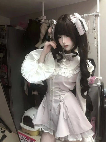 Creamy - Pink Lace Duo - Pink Gothic Lolita Pants Set with Lace Dress