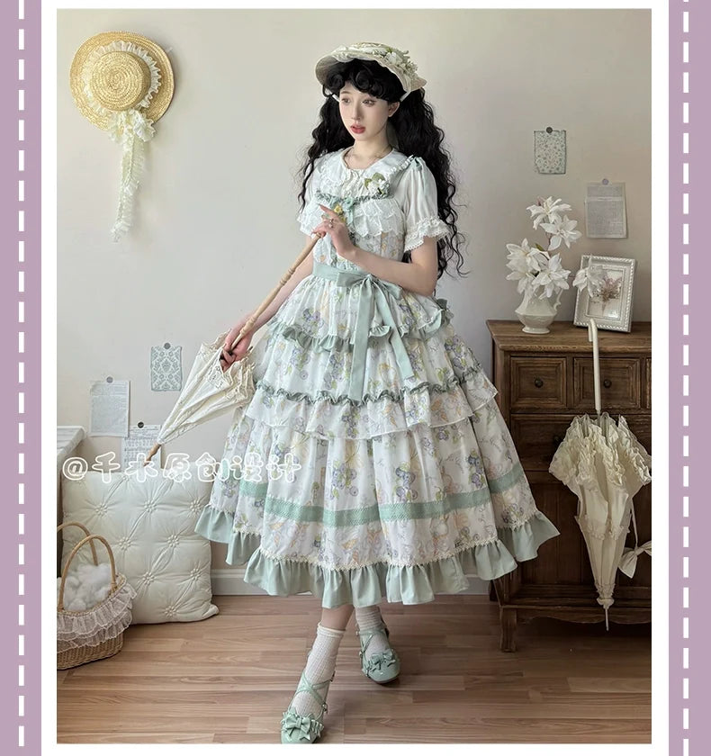 Qianmu - Blueberry Midsummer - Country Lolita Tiered JSK, Blueberry Print