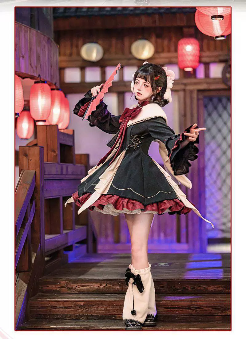 Sweetheart Dream Machine - Maohua - Black-Red Chinese-Style OP Dress with Ruffled Bib