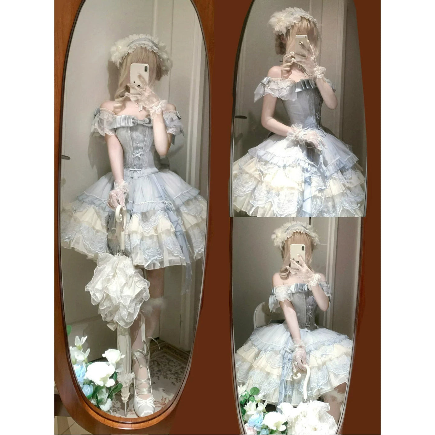 Back view of blue sweet lolita JSK showing lace-up back detailing