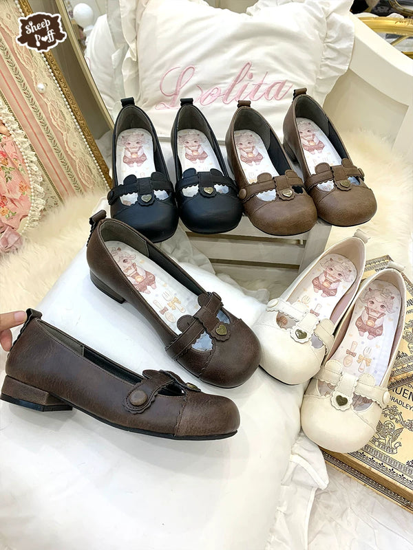 Sheep Puff Bear Toast Low Heel Lolita Shoes featuring cute bear and toast design, black color, and low heel style.