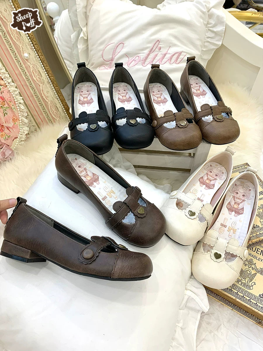 Sheep Puff Bear Toast Low Heel Lolita Shoes featuring cute bear and toast design, black color, and low heel style.