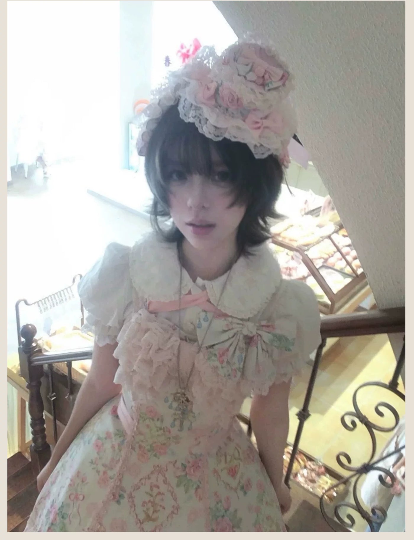 Tata Long Ear - Spring 2025 Floral Wall - Floral Print JSK Dress with Layered Lace Ruffles