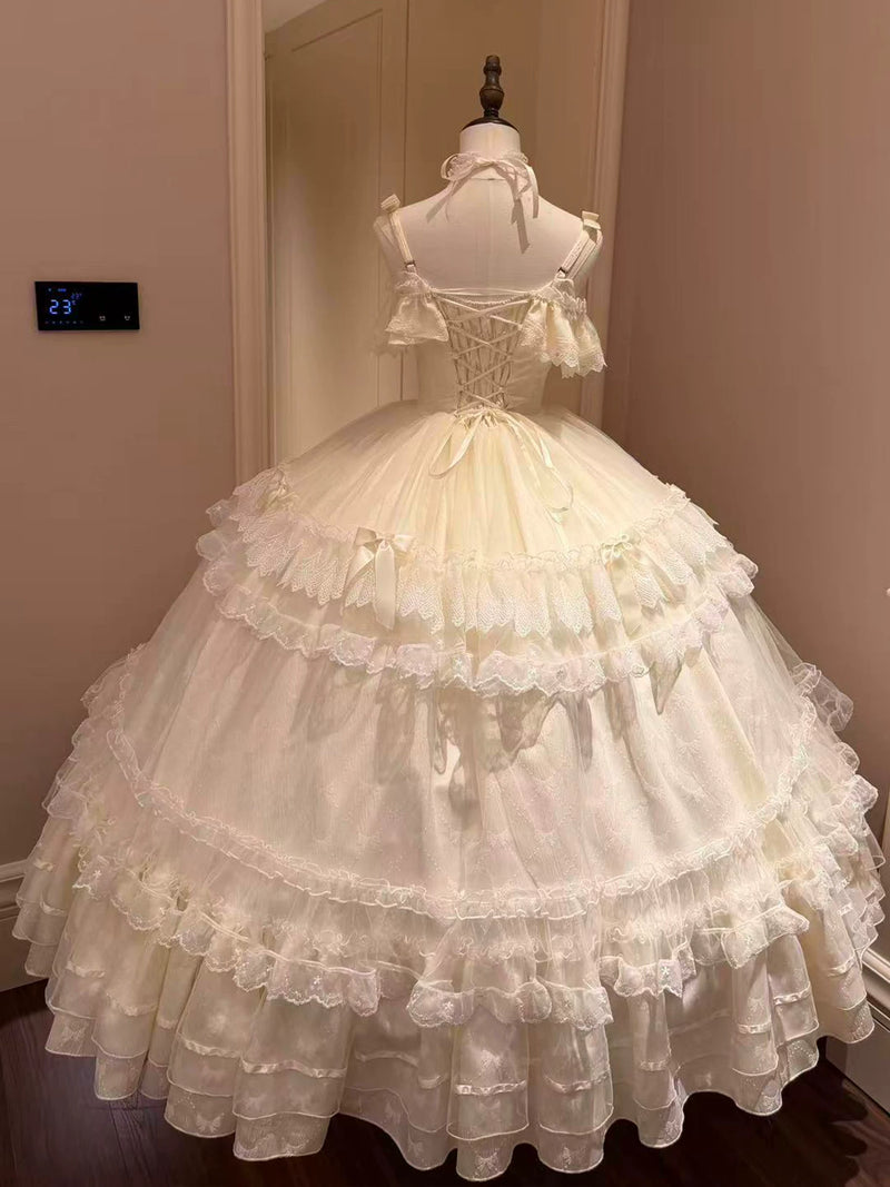White Emoji Dream formal Lolita off-shoulder tiered gown, front view