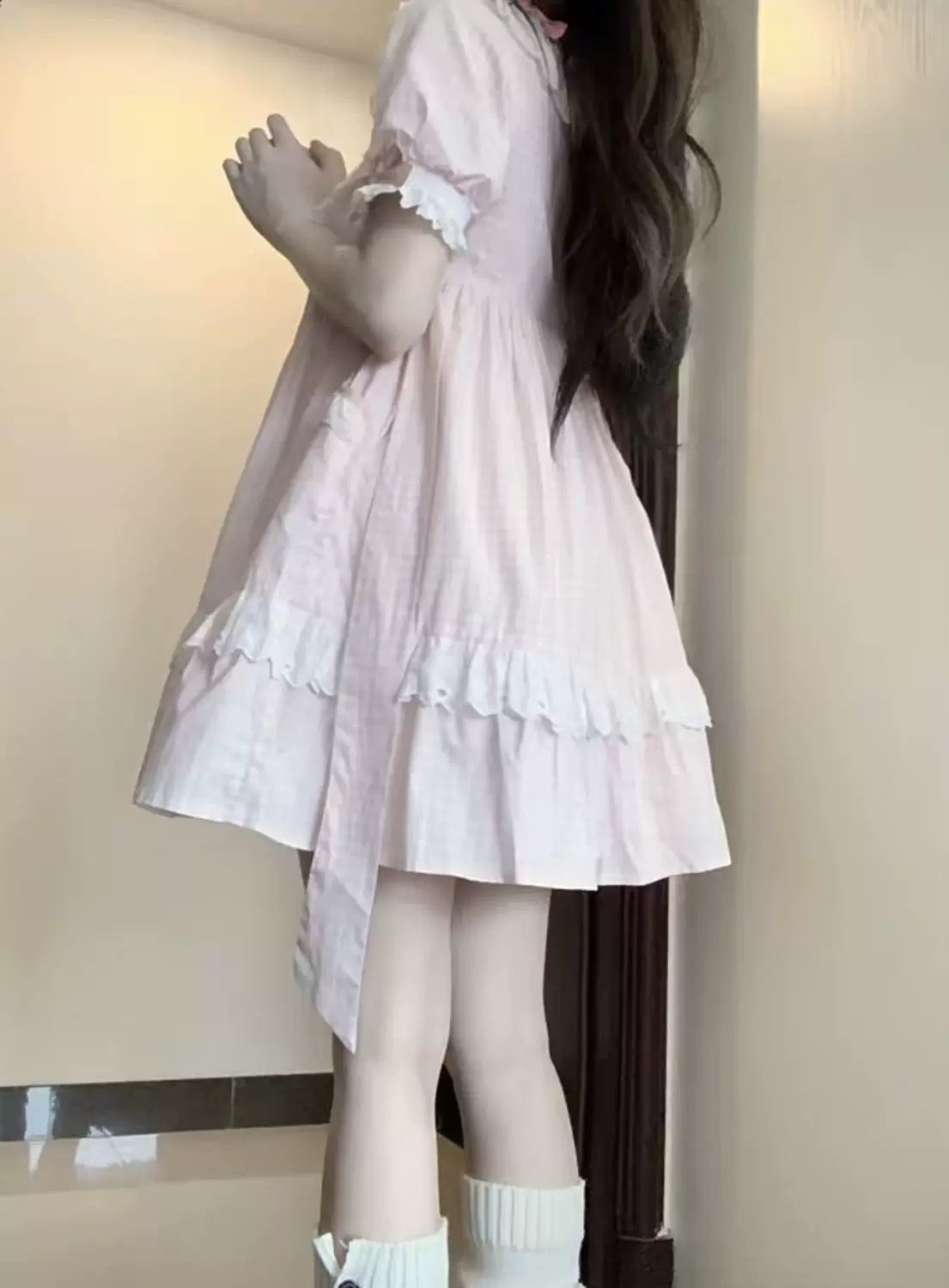 Creamy - Candy Gingham - Pink checked dress with a ruffled doll collar