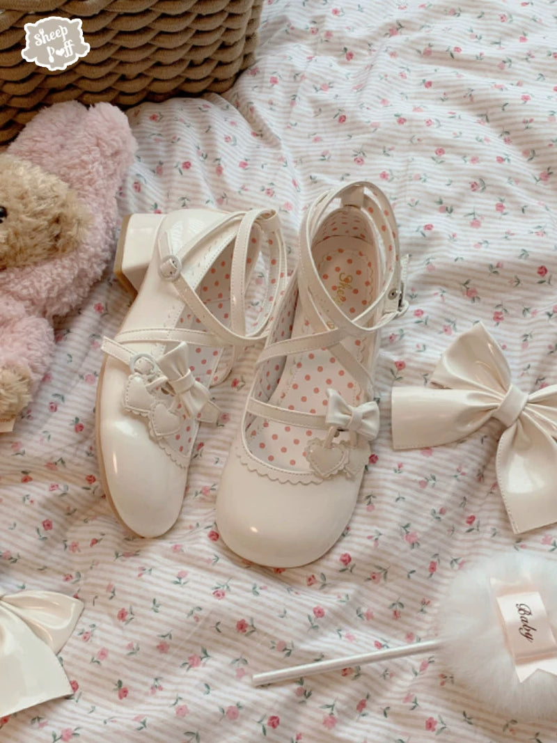 Sheep Puff Little Cherry low heel Lolita shoes featuring a charming cherry design and ballet-style silhouette.