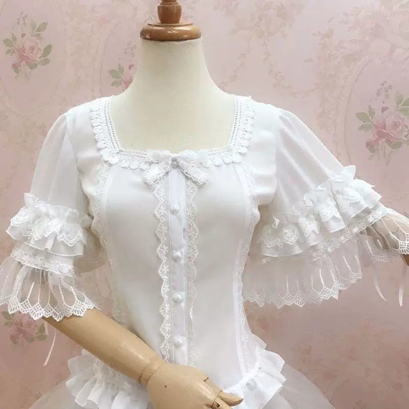 Sweetheart Dream Machine - Soft Lace Hime Sleeves - White short-sleeve blouse with a square neckline