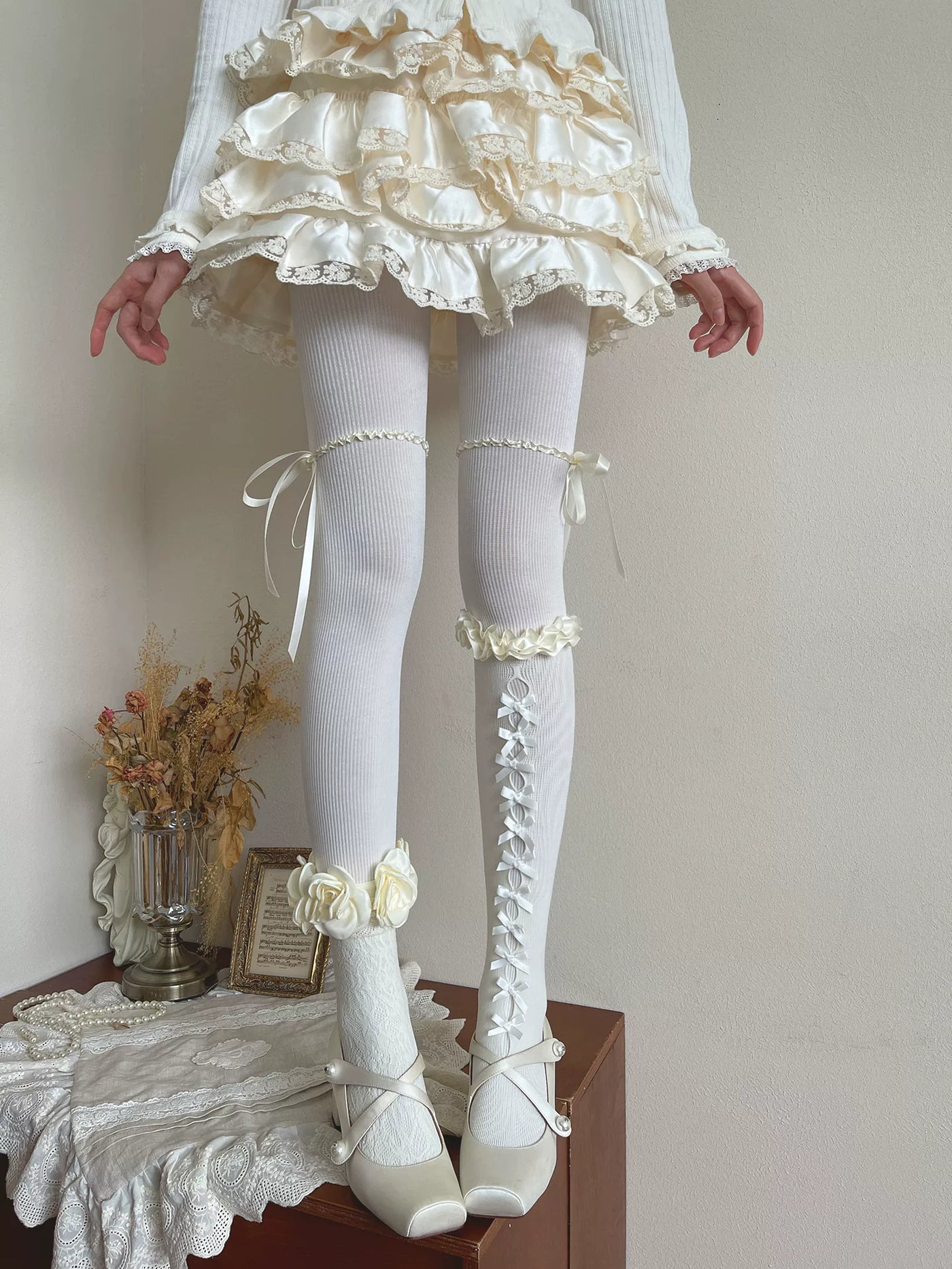 Sock Noble - Doll Satin Ribbon - Fine-Rib Tights with Lace Accents