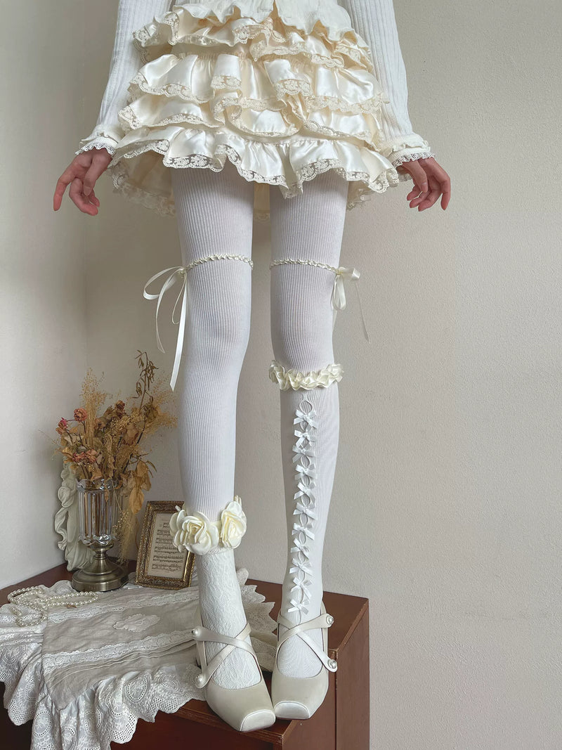 Sock Noble - Doll Satin Ribbon - Fine-Rib Tights with Lace Accents