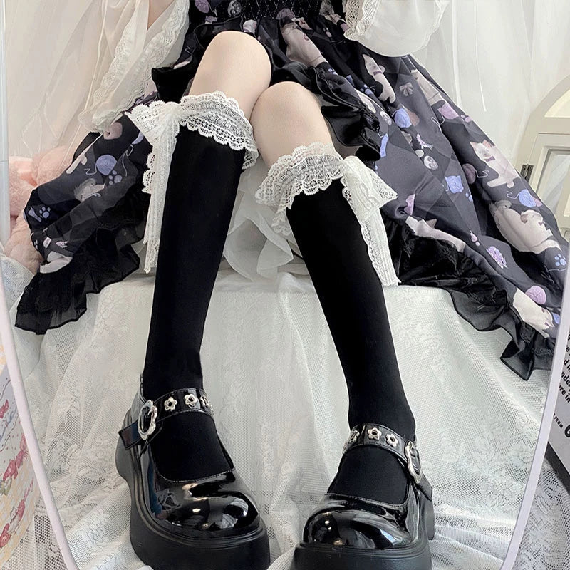Floral Milk Cat - Lace-Tie Cuff - Thin-Velvet Calf Socks with Lace Trim