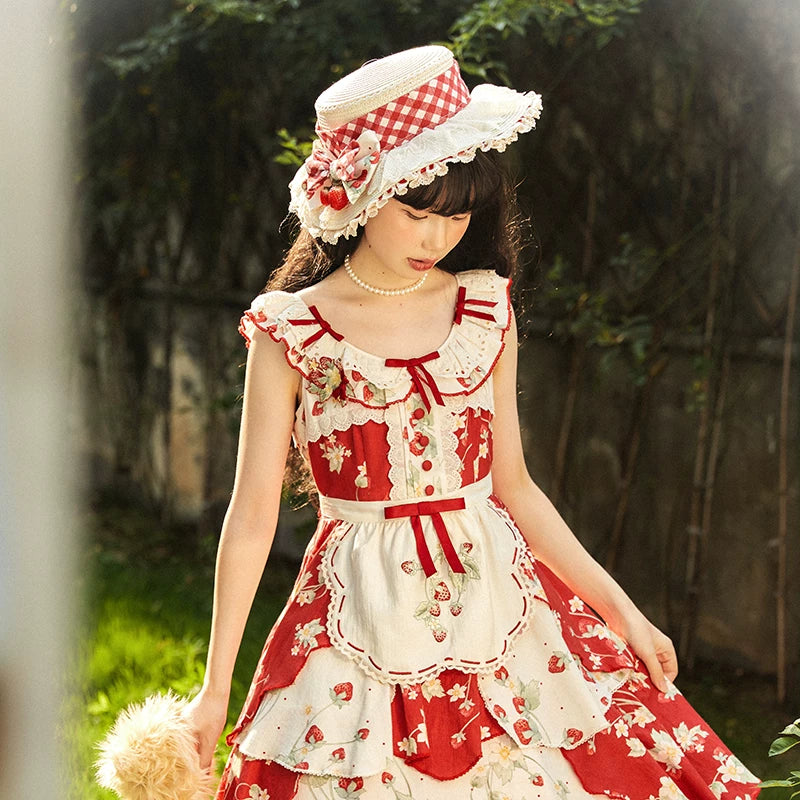 Baozi Pig - Strawberry Orchard - Hat with Gingham Ribbon and Lace Trim