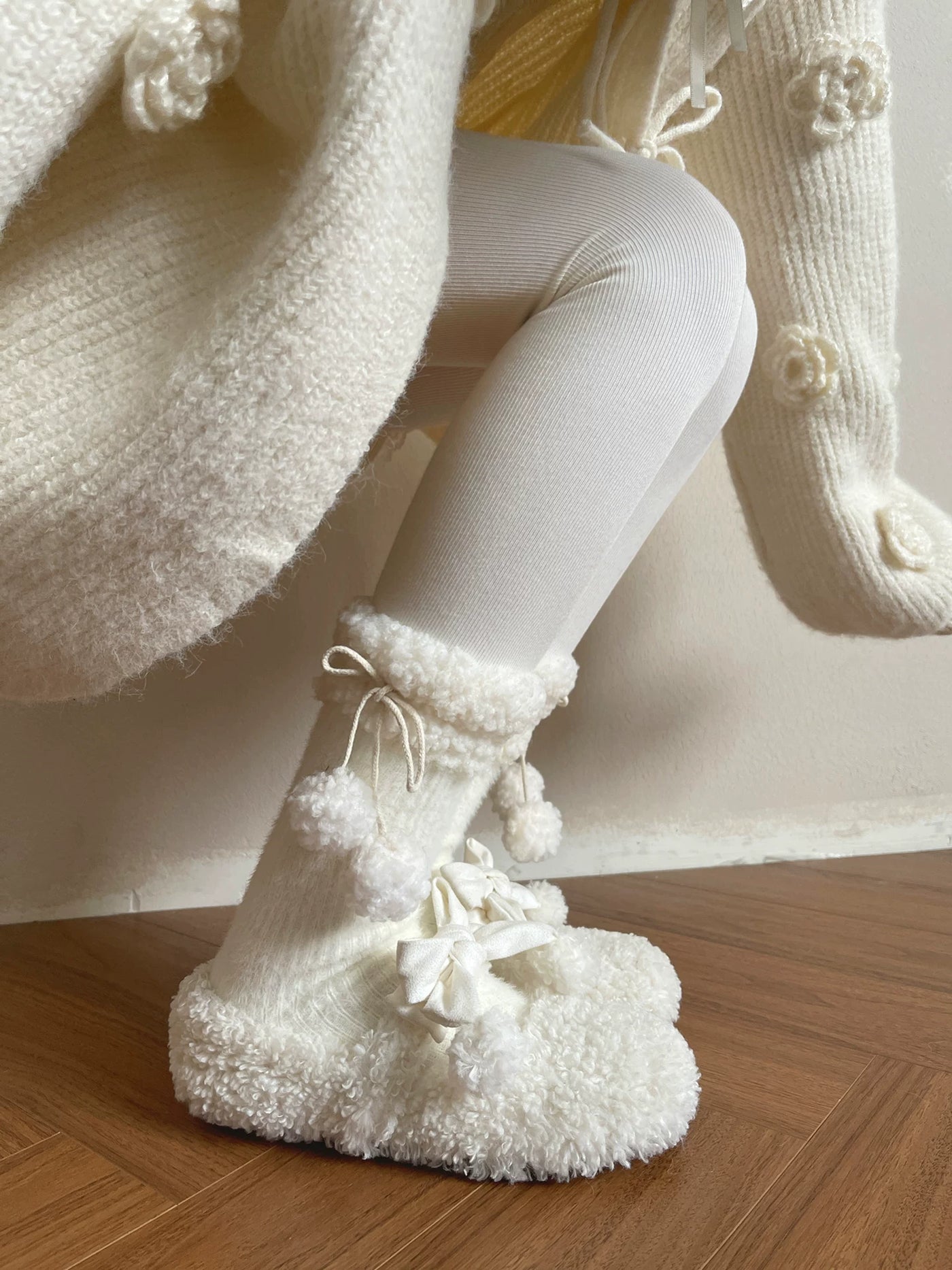 Sock Noble - Winter Pom-Pom - Plush-Trim Slouch Socks with Pom-Pom Ties