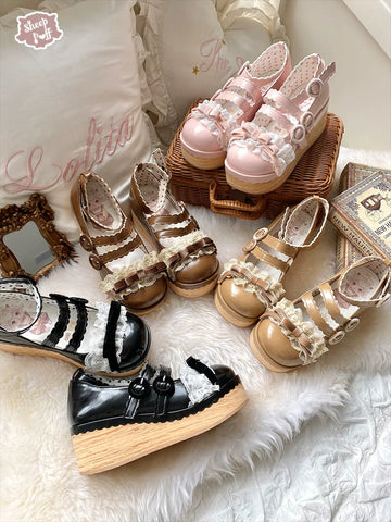 Sheep Puff Tiramisu Platform Lolita Shoes featuring a cute sheep puff design, white platform soles, and detailed decorative elements