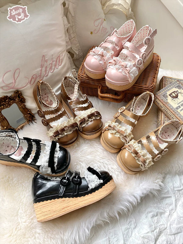 Sheep Puff Tiramisu Platform Lolita Shoes featuring a cute sheep puff design, white platform soles, and detailed decorative elements