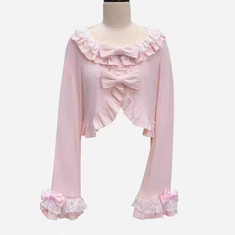 Sweetheart Dream Machine - Fresh Bow Knit - Cropped Knit Cardigan with a Ruffled Round Collar