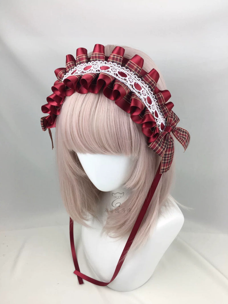 Little Red Riding Hood Burgundy Plaid Ear Headband & Clips — Burgundy Headdress 1 with Hidden Clip