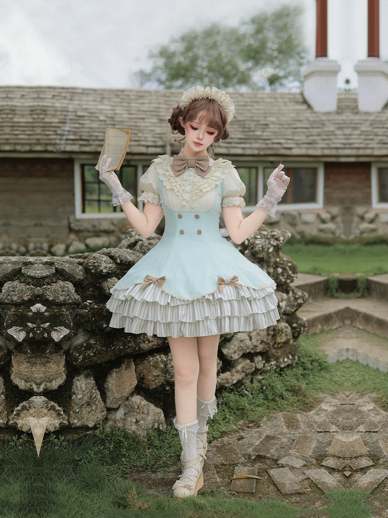 With PUJI - Sea Salt Snow Crest - Lolita OP Dress, Ruffle Trim & Stand Collar detail view 3