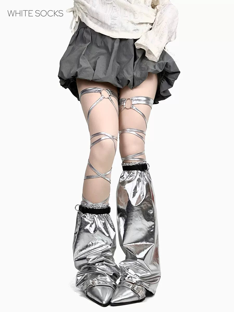 White Socks - Metallic Strap - Leg Warmers with Wraparound Straps