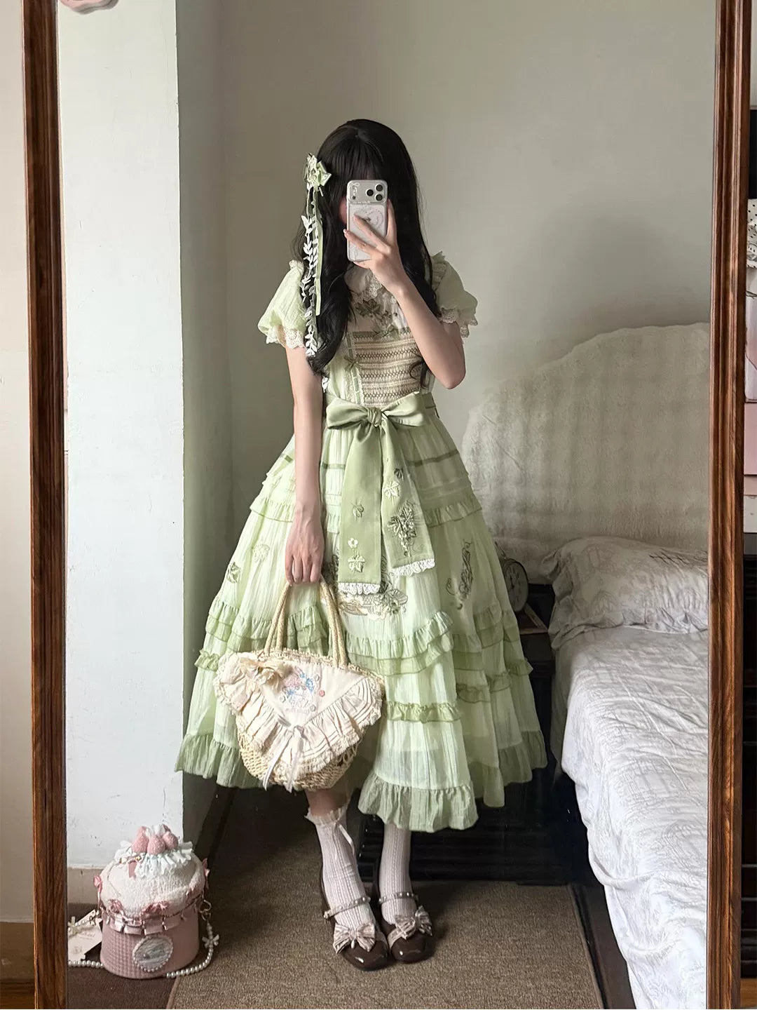 Creamy - Green Grape - Pale Green OP Dress Set with a Waist Bow