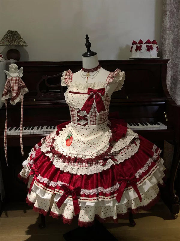 Red strawberry JSK set with apron, headscarf and train on a mannequin