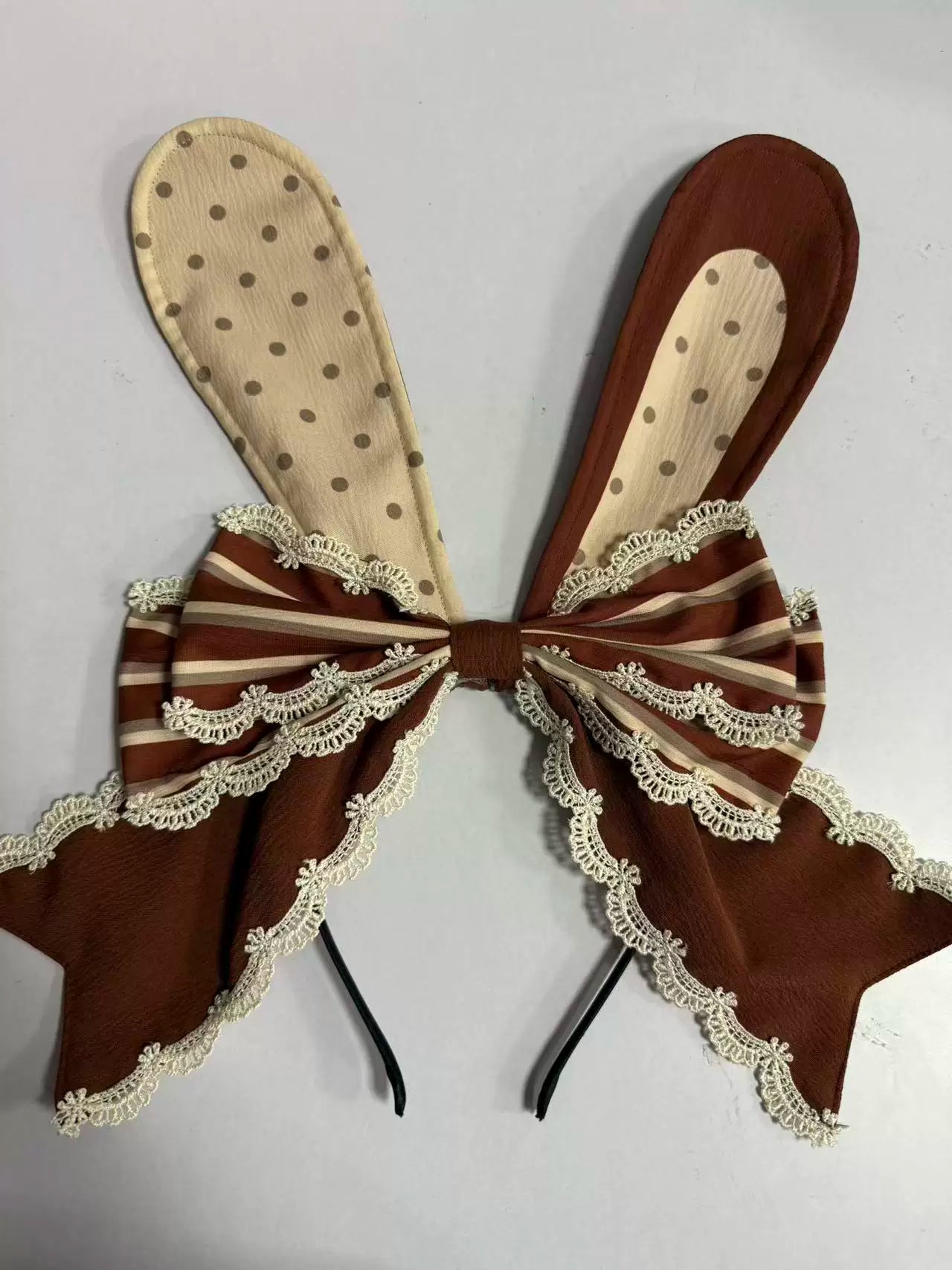 Dessert Bunny-ear KC with tall ears, striped bow, polka-dot panels and lace trim