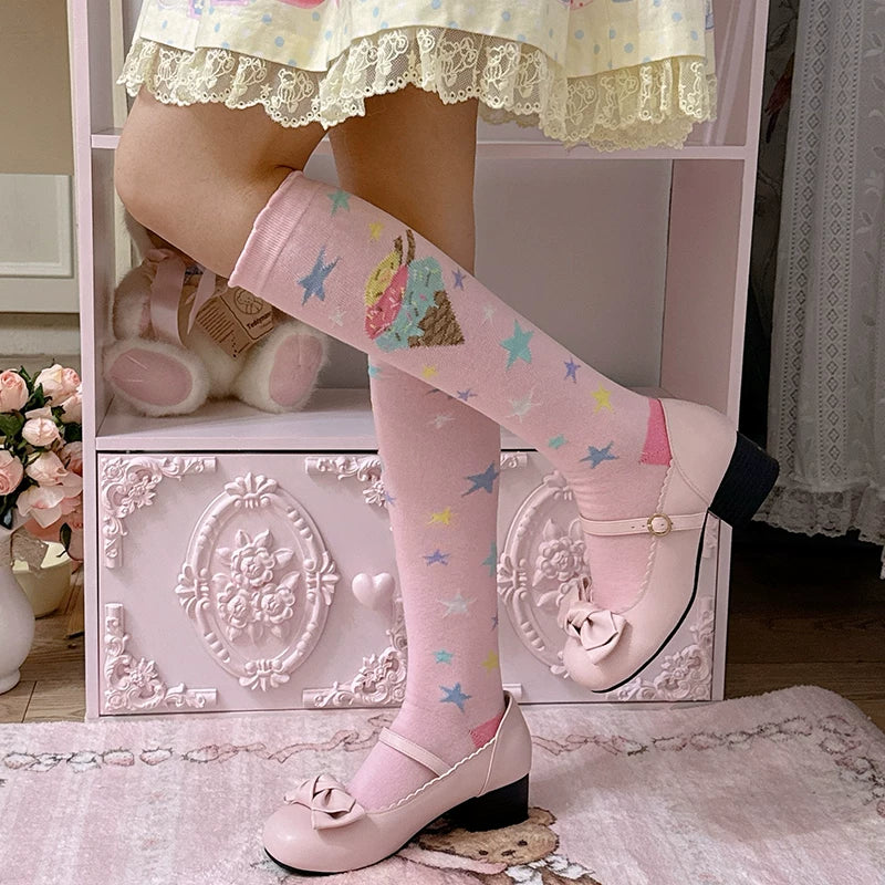 Milky Star Qiaoqiao - Ice Cream Stars - Calf Socks with Ice-Cream Motifs