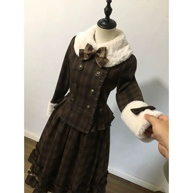 Creamy - Vintage Plaid - Two-Piece Short Jacket and Long Skirt Set with a Plush Collar
