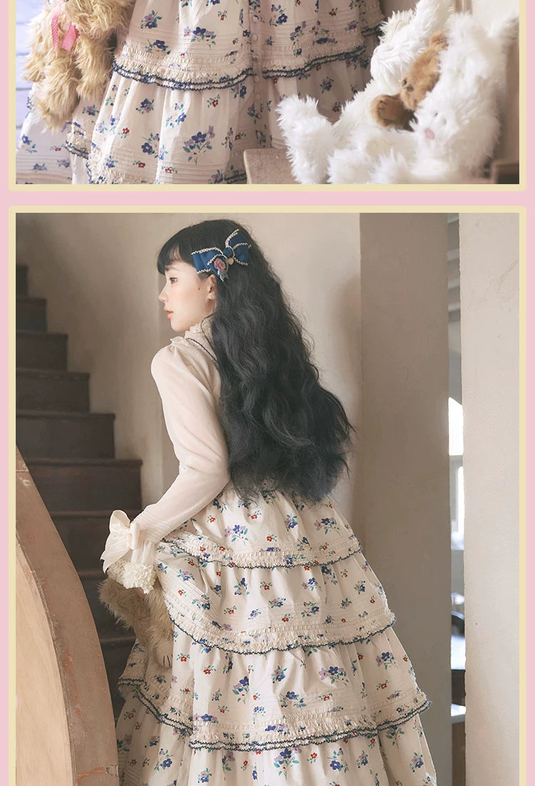 RichLolita - Spring Flowers - JSK Suspender Dress with Floral Print and Navy-Edged Frills