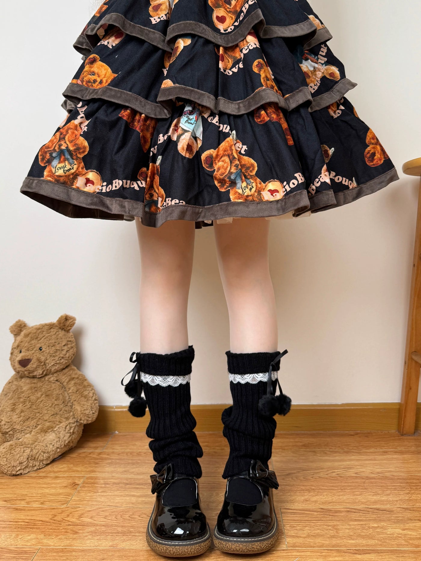 Chubby Bear Tales - Ribbon Knit - Scrunched Knit Leg-Warmer Socks with Ribbon Ties
