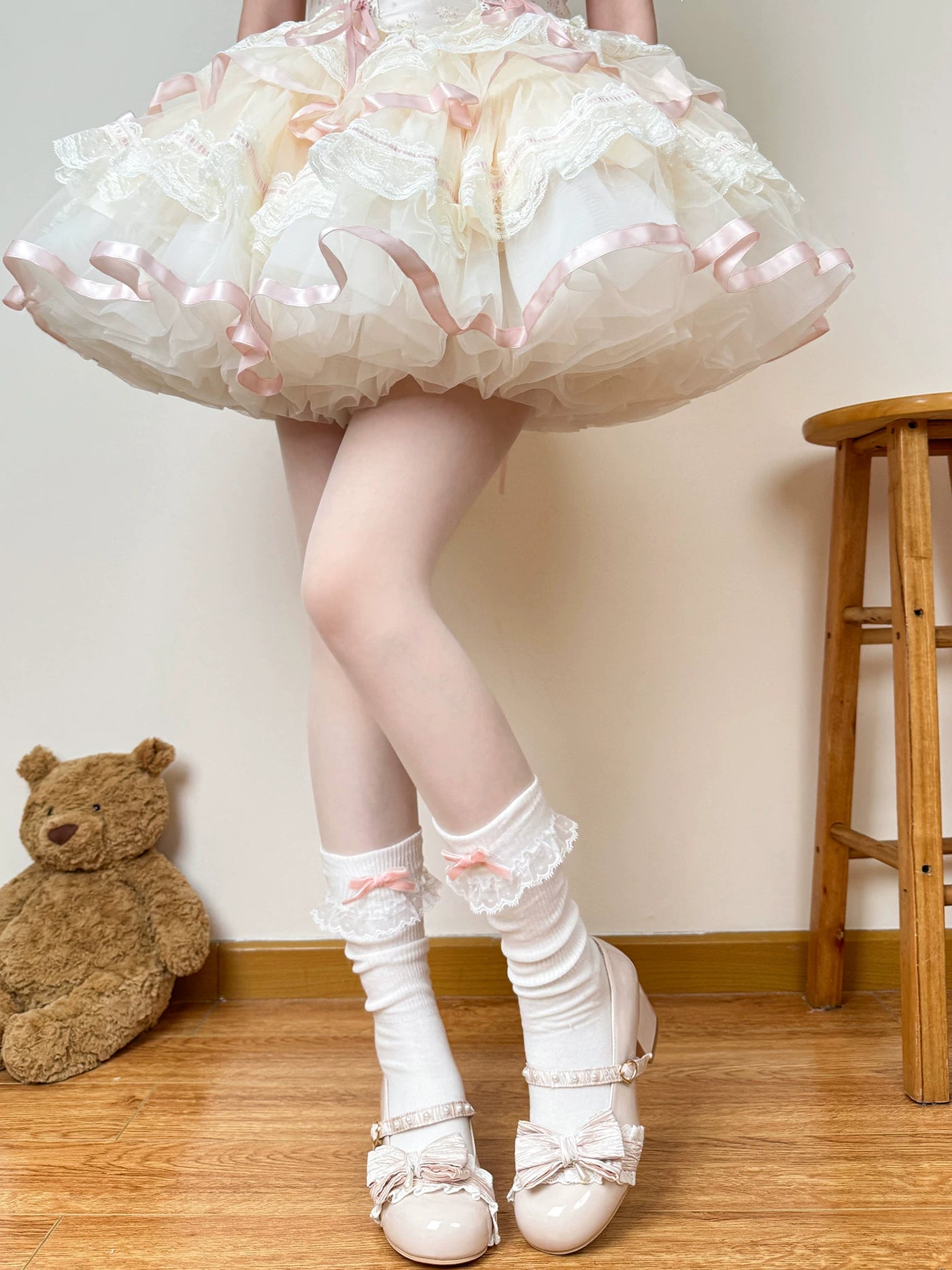 Chubby Bear Tales - Cream Ballet - Mid-Calf Slouch Socks with Lace Ruffle Cuffs and Bow Trim
