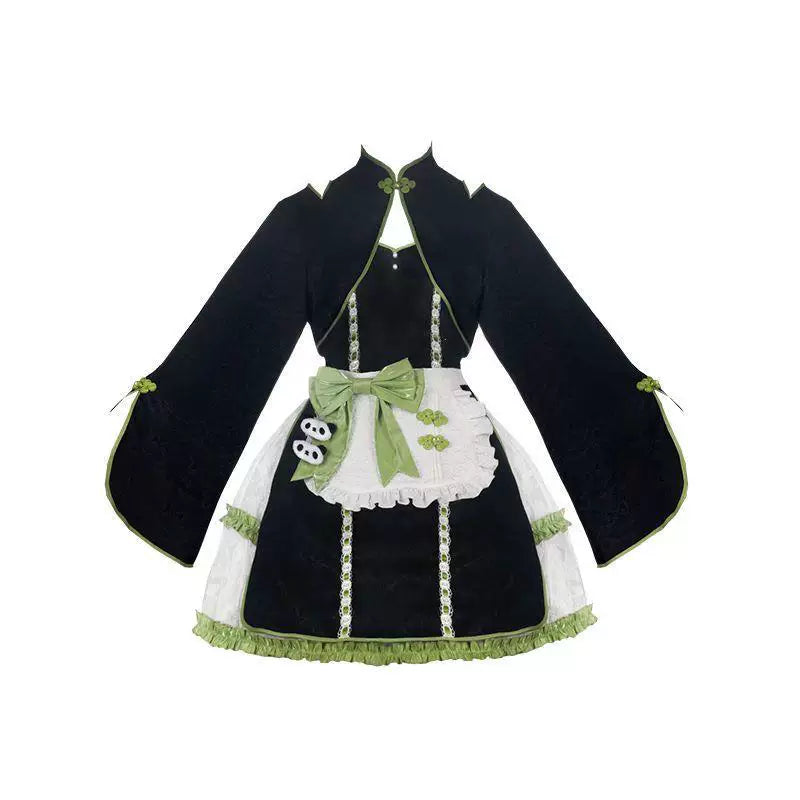 Model wearing a black-and-pink maid-style JSK set with ruffled trim, lace bib details and bow accents.