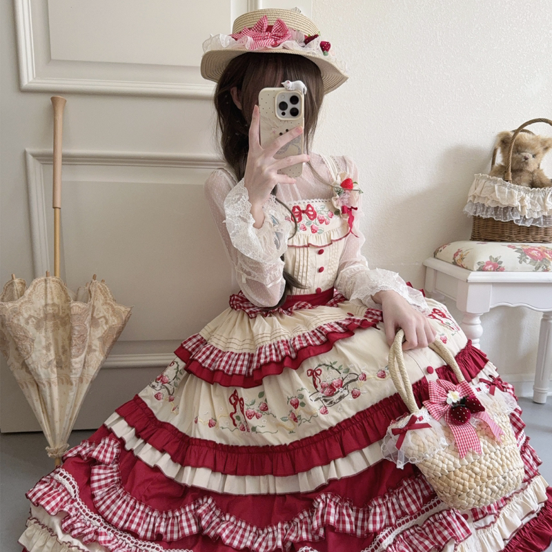 Lady Han Strawberry Basket Sweet JSK Dress by Lolita Fetch, featuring a charming strawberry print and elegant Lolita fashion style.