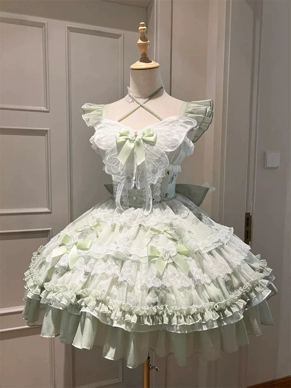 Creamy pale mint and white butterfly Lolita skirt with layered ruffles and back train