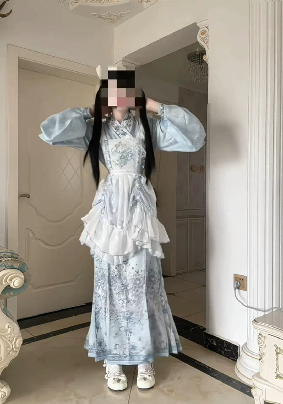 Creamy - Blue Han-Yang Fusion - Hanfu Outfit Set with a cross-collar top and embroidered overskirt