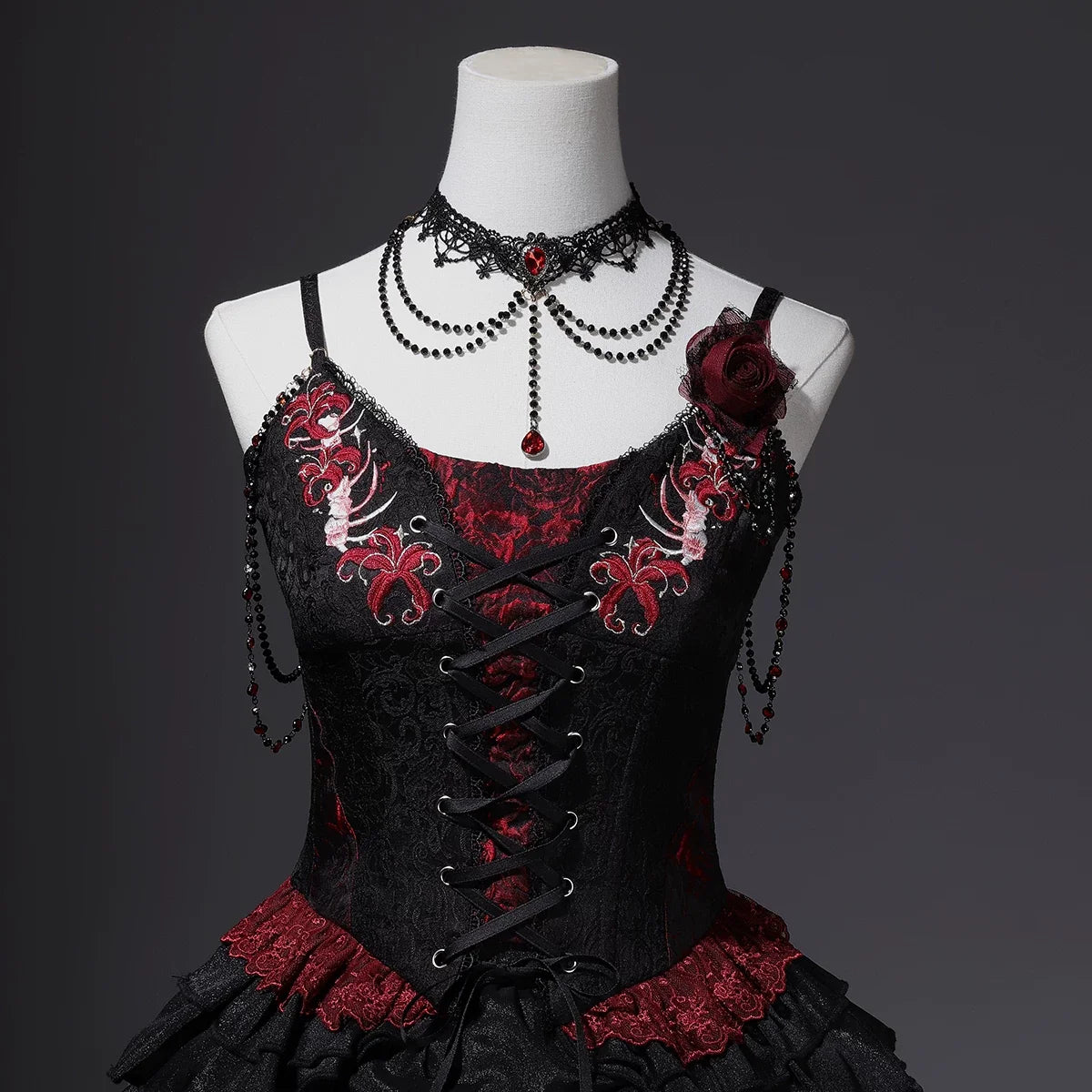 Your Princess - Bone Rot Bloom - Gothic Lolita Embroidered Camisole & Drawstring Lift-up Hem Skirt