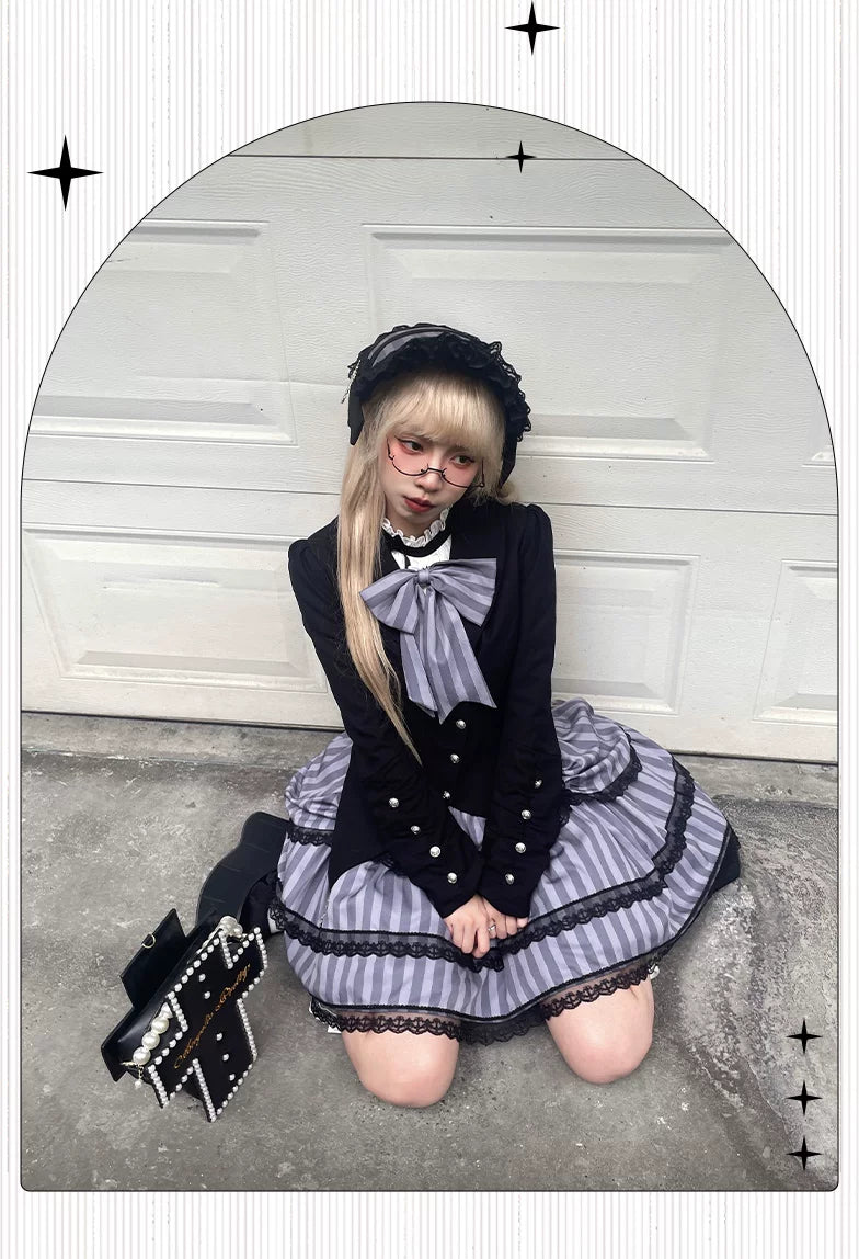 Baozi Pig - Witch's Shop - Gothic OP Dress with Corset-Style Bodice and Striped Skirt