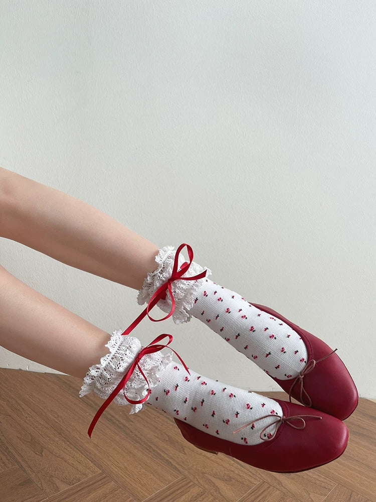 Sock Noble - French Garden - Mid-calf socks with lace cuffs and ribbon ties