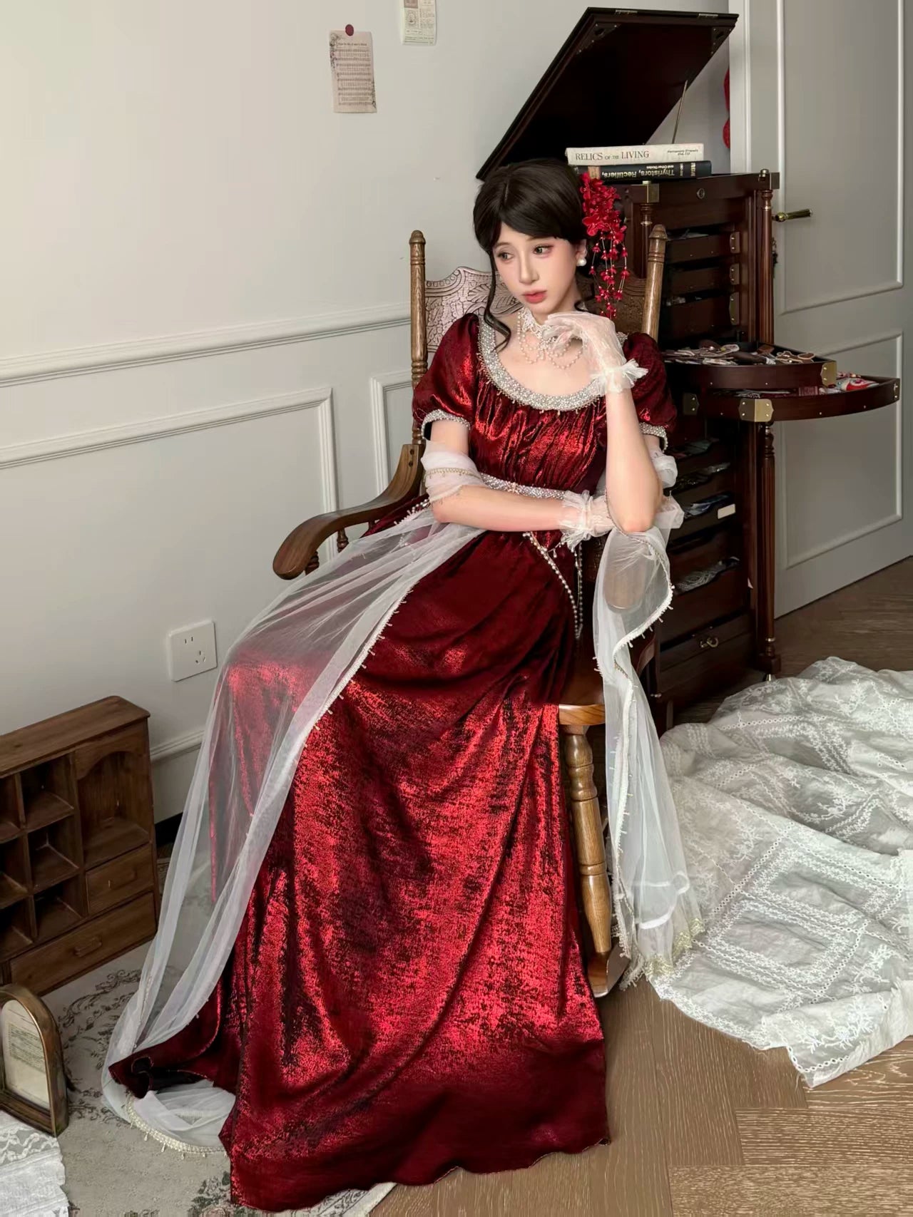 Thousand Wood - Moonlight Amber - Long OP Dress with Empire Waist and Beaded Trim