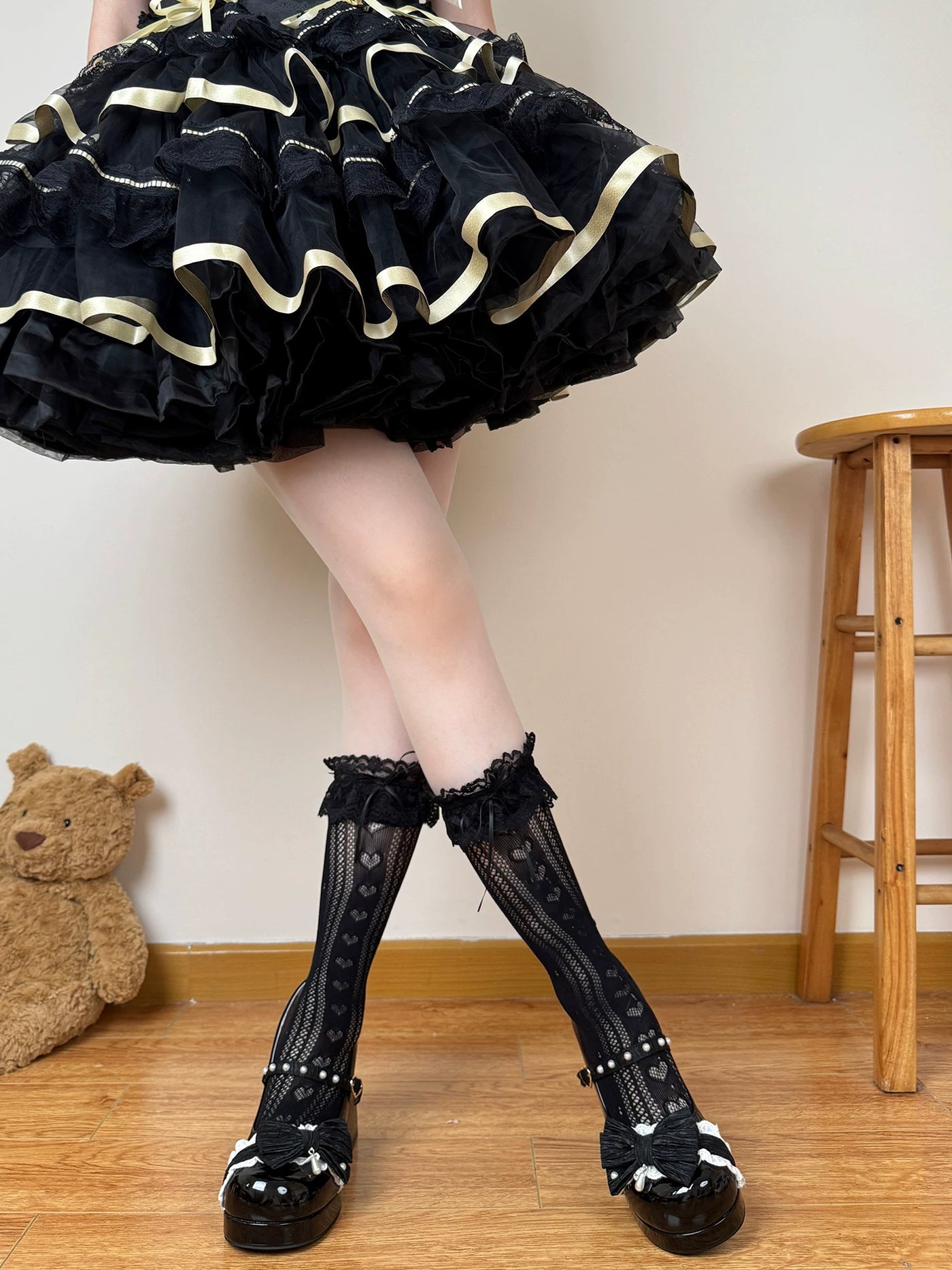 Chubby Bear Tales - Edith - Openwork Mid-Calf Socks with Lace Cuffs and Bows