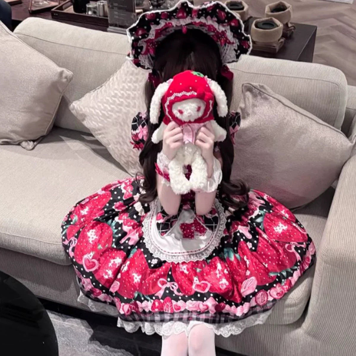 Mengfuzi - Strawberry Pear - Strawberry Handle Picture Sweet Lolita Dress