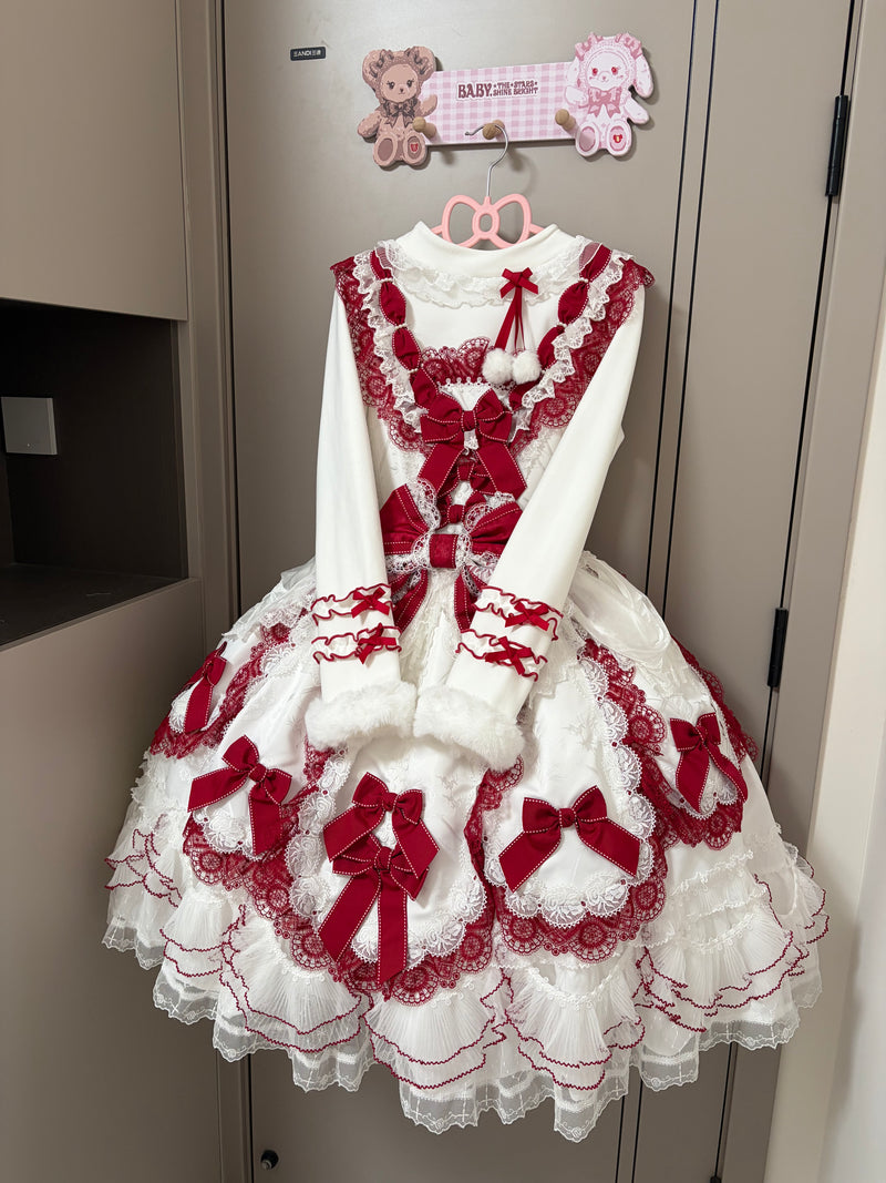 Cat Upon Cat Little Furball Thick Winter Layering Top — Red & White - Plush Cuffs