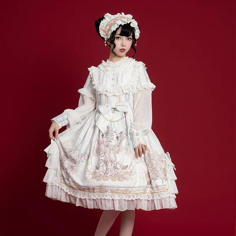 Elegant leopard cat-themed Lolita Fetch OP dress with long sleeves, cute and suitable for daily wear