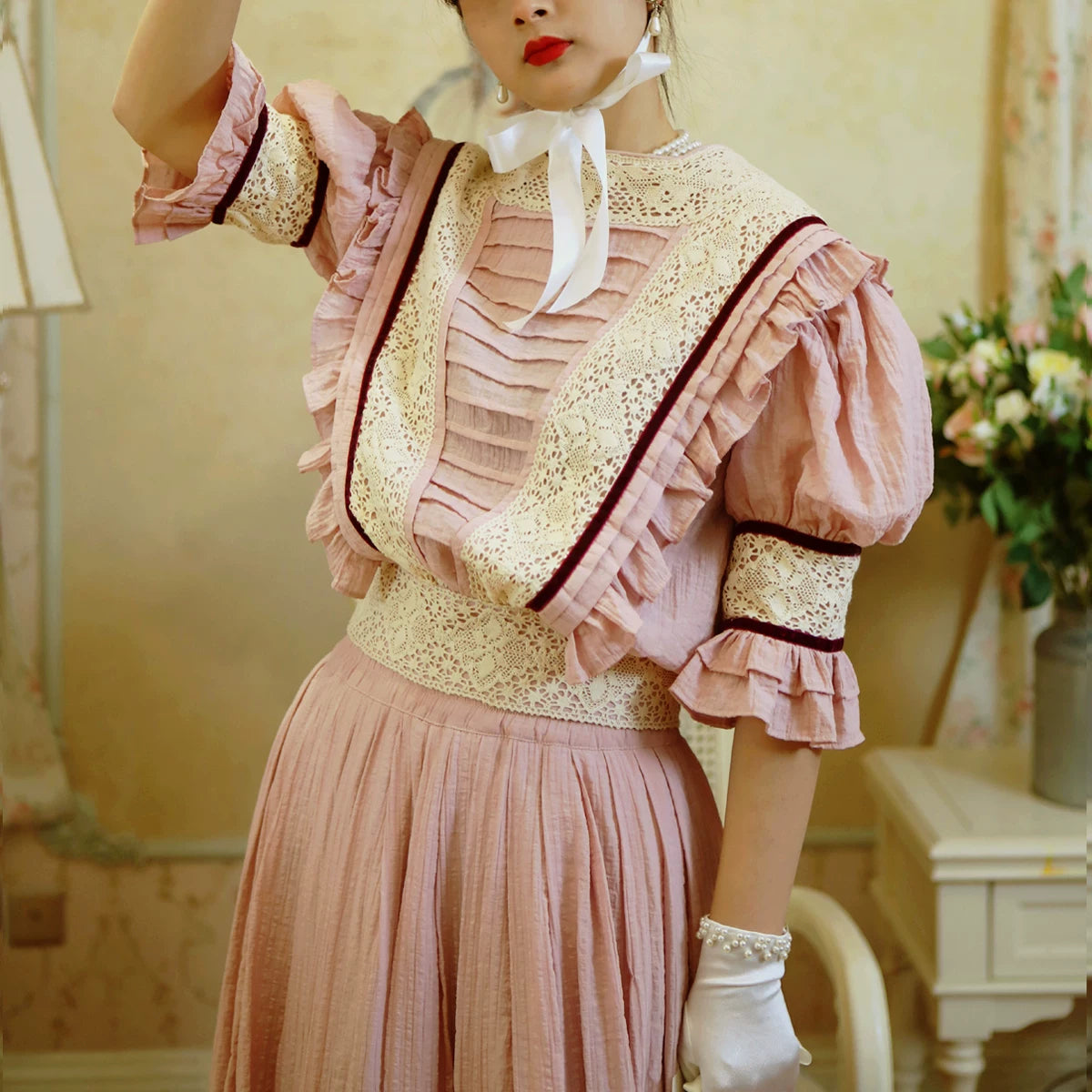 LACE GARDEN - Edwardian Rose Tea - Custom Edwardian Tea Dress with Pleated Bodice
