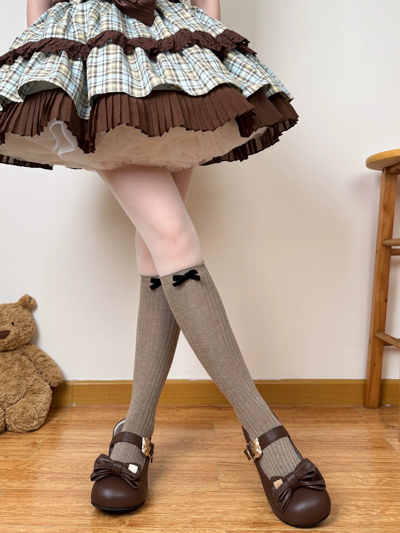 Chubby Bear Tales - Caramel Plaid - Slouch Calf Socks with Black Bows