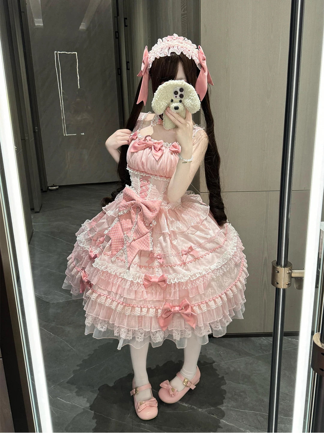 Creamy - Pink Ballet - Pink JSK Dress with Layered Lace and Bow Tiers