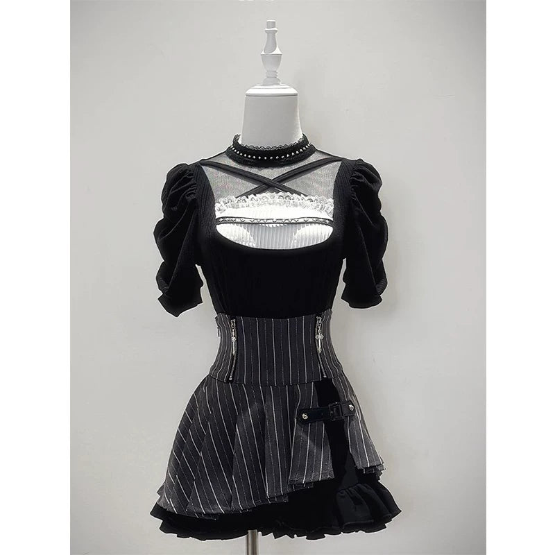 Creamy - Dark Contrast - Puff-Sleeve Top and Short Skirt Set with Metal Zippers
