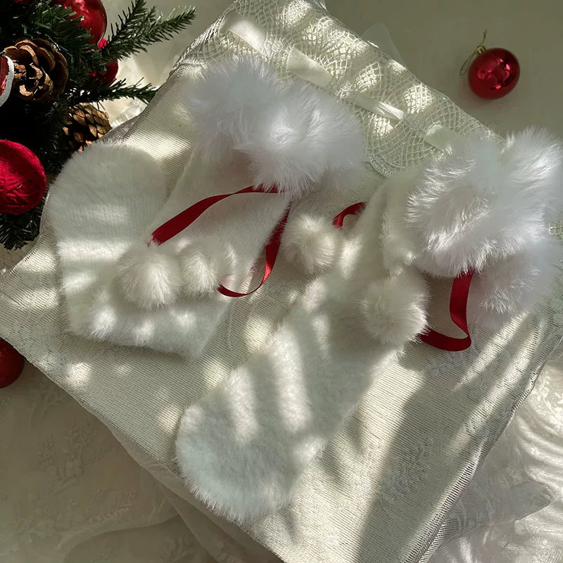 Sock Noble - Winter Ribbon - Scrunched Socks with Fuzzy Cuffs and Pom-Poms